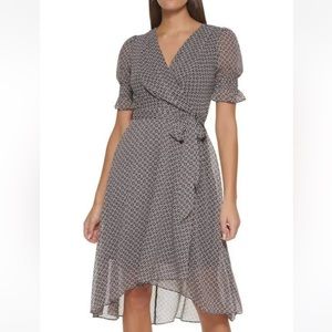 Tommy Hilfiger Faux Wrap Short Sleeve Smocked Surplice Dress